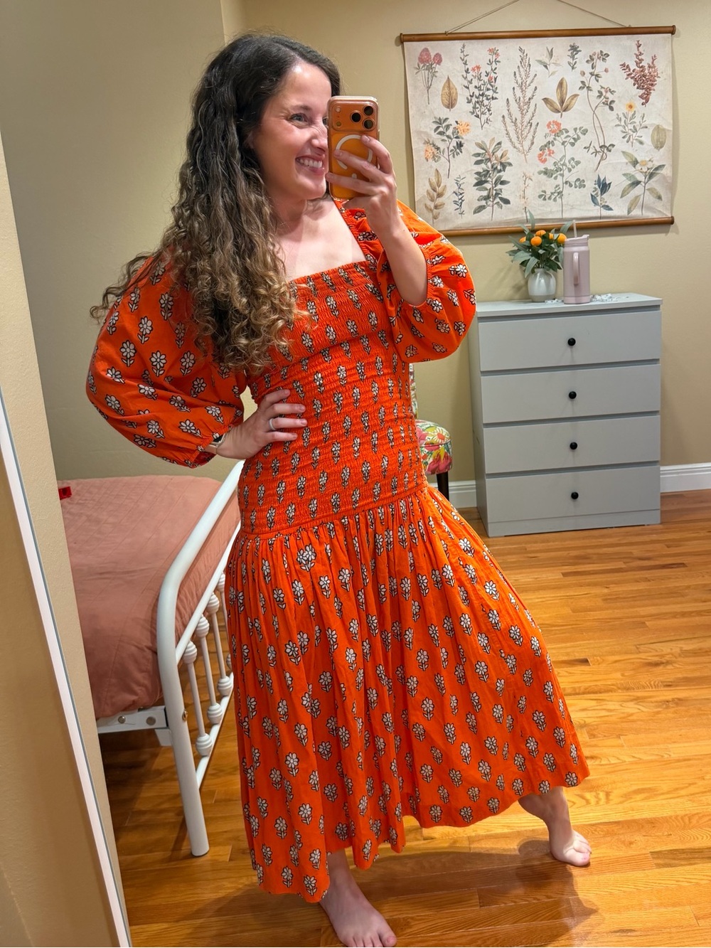 Rhode Resort Harper Floral Smocked Midi Dress with Puff Sleeves Red Small